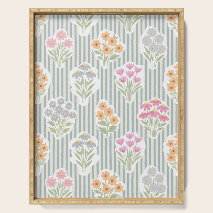 Ditsy Flower Sticker Bouquets on Blue and Cream Pinstripes Serving Tray Gallery Image 1