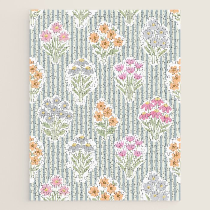 Ditsy Flower Sticker Bouquets on Blue and Cream Pinstripes Jigsaw Puzzle Gallery Image 1