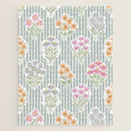 Ditsy Flower Sticker Bouquets on Blue and Cream Pinstripes Jigsaw Puzzle Gallery Image 1