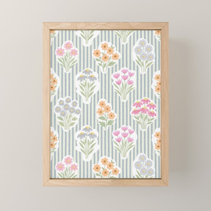 Ditsy Flower Sticker Bouquets on Blue and Cream Pinstripes Mini Art Print Gallery Image 1