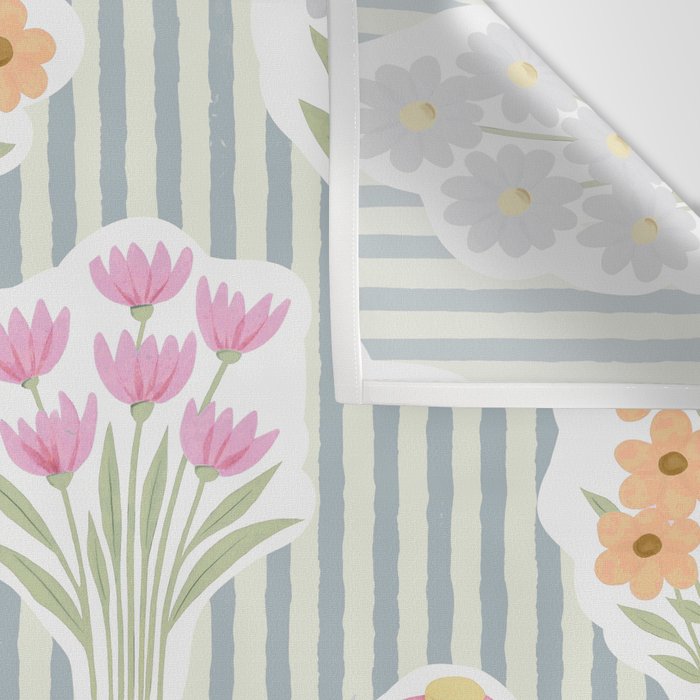 Ditsy Flower Sticker Bouquets on Blue and Cream Pinstripes Wall Tapestry Gallery Image 3