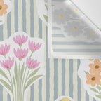 Ditsy Flower Sticker Bouquets on Blue and Cream Pinstripes Wall Tapestry Gallery Image 3