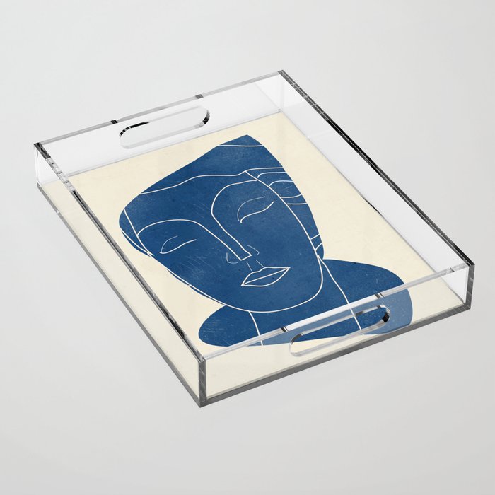 Lady Portrait Minimal Line Art 3 Blue Acrylic Tray Gallery Image 1