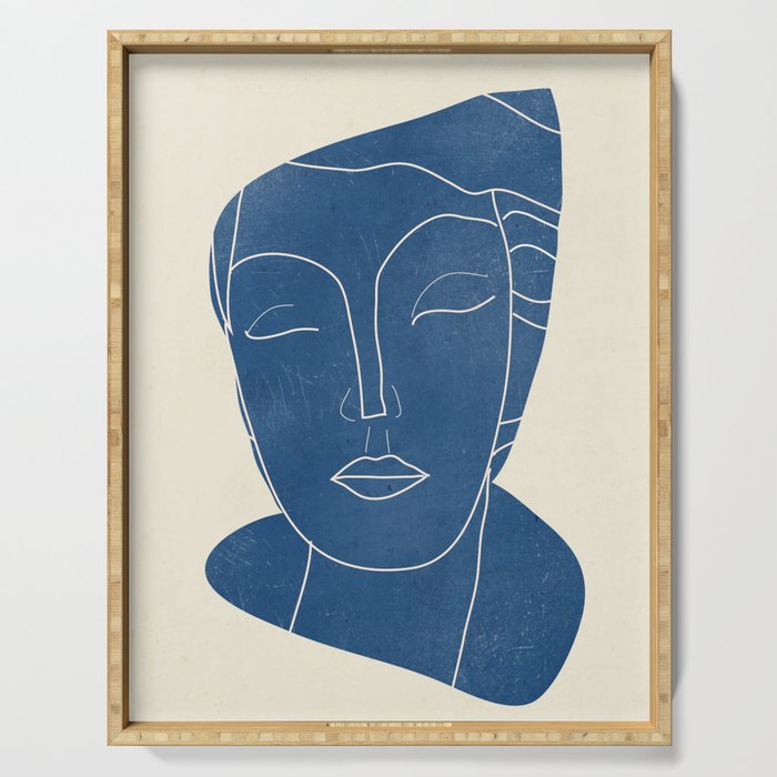 Lady Portrait Minimal Line Art 3 Blue Serving Tray Gallery Image 1