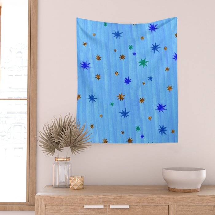 Celestial Star Twinkle in Blue Watercolor Wall Tapestry Gallery Image 2