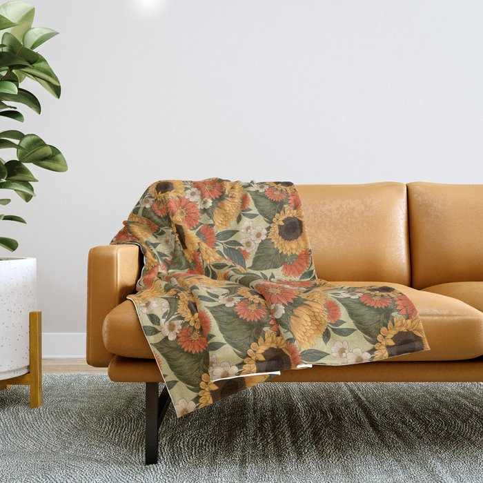 Sunflowers - Tranquill Green Throw Blanket Gallery Image 1