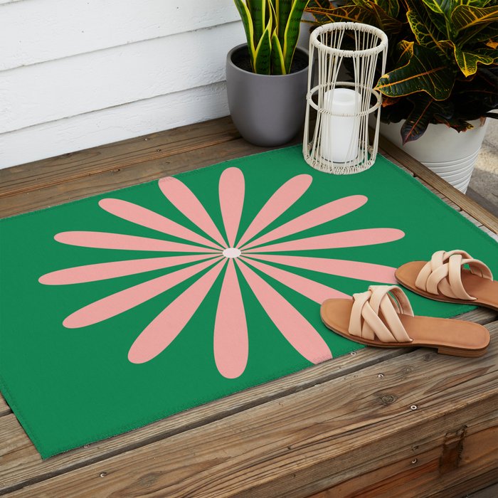 Big Daisy Retro Minimalism in Pink and Bright Green Outdoor Rug Gallery Image 2