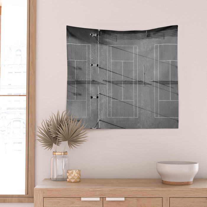 Grey tennis court at sunrise | black and white drone aerial photography art | sports field print Wall Tapestry Gallery Image 2