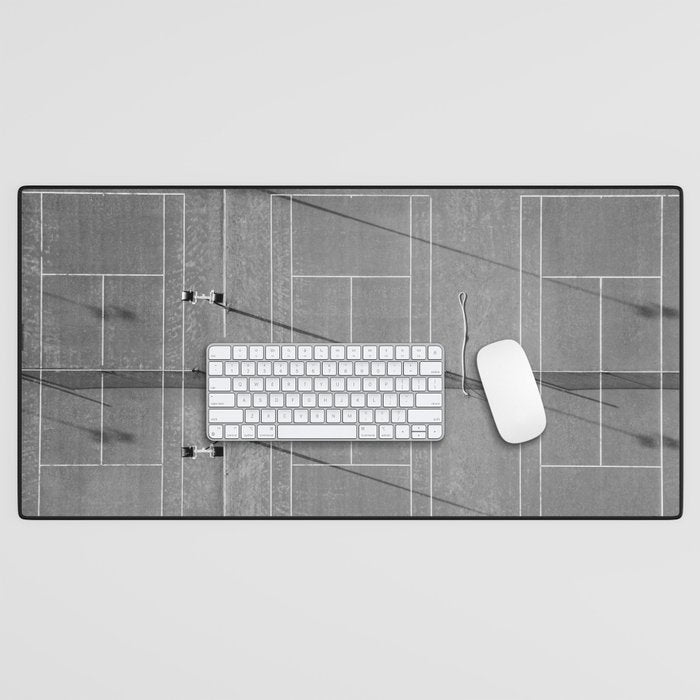 Grey tennis court at sunrise | black and white drone aerial photography art | sports field print Desk Mat Gallery Image 1