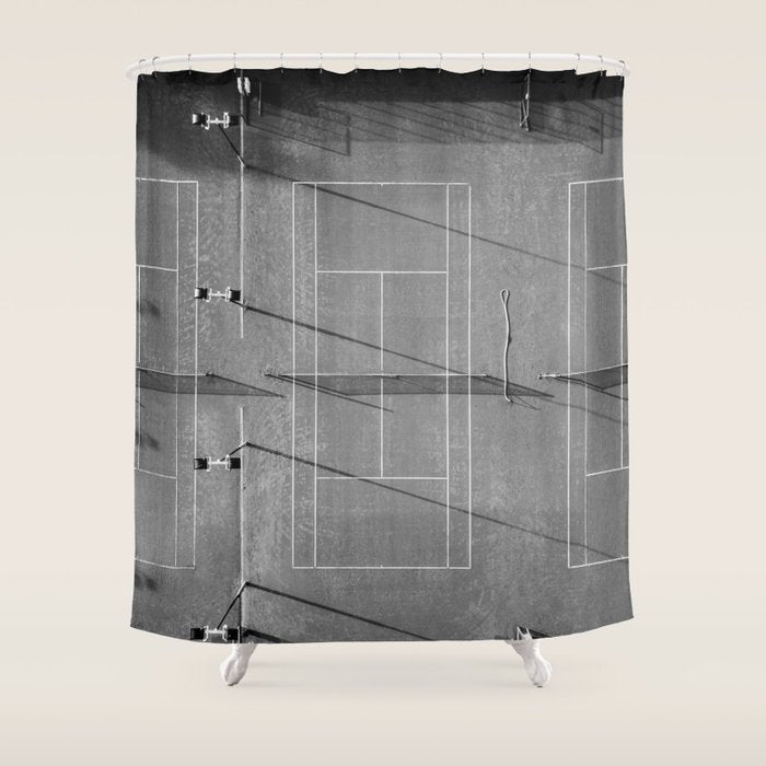 Grey tennis court at sunrise | black and white drone aerial photography art | sports field print Shower Curtain Gallery Image 1