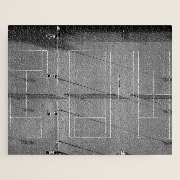 Grey tennis court at sunrise | black and white drone aerial photography art | sports field print Jigsaw Puzzle Gallery Image 1