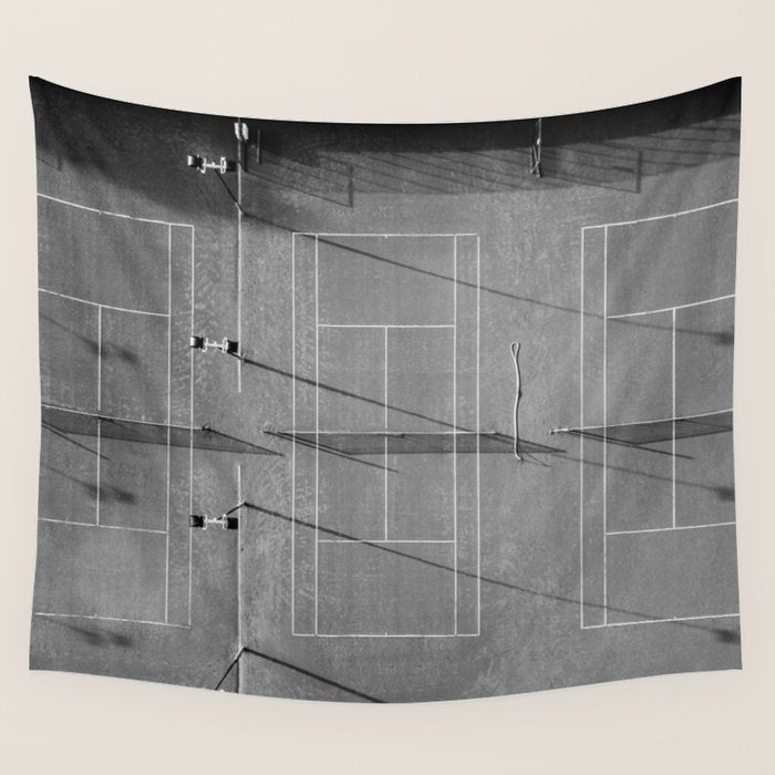 Grey tennis court at sunrise | black and white drone aerial photography art | sports field print Wall Tapestry Gallery Image 4