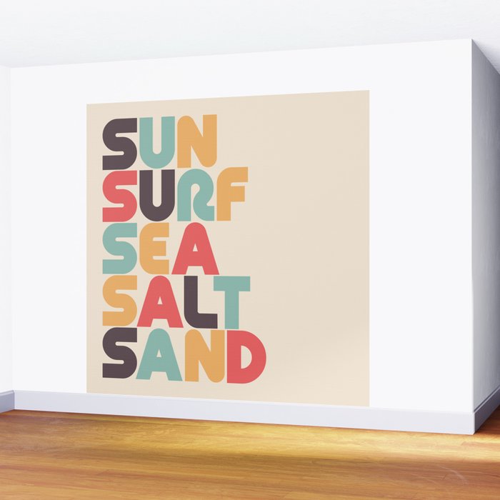 Sun Surf Sea Salt Sand Typography - Retro Rainbow Wall Mural Gallery Image 2