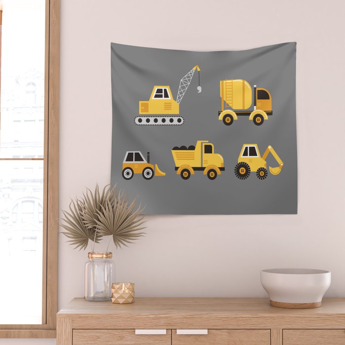 Construction Trucks on Gray Wall Tapestry Gallery Image 2