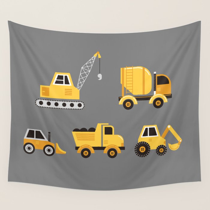 Construction Trucks on Gray Wall Tapestry Gallery Image 4