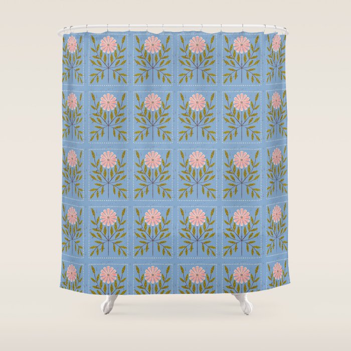 Blue Daisy Tile Shower Curtain Gallery Image 1