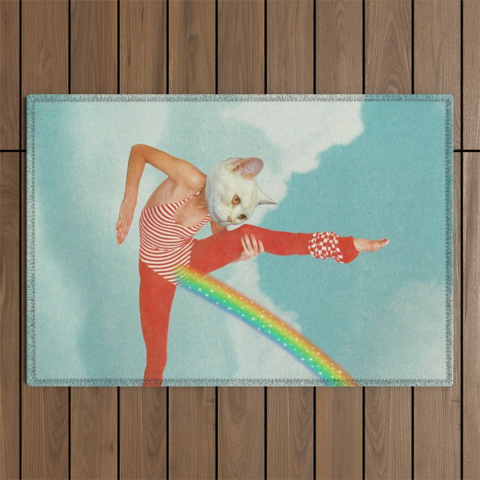 Kitty Cat's Rainbow Workout - Retro Cat Outdoor Rug Gallery Image 1