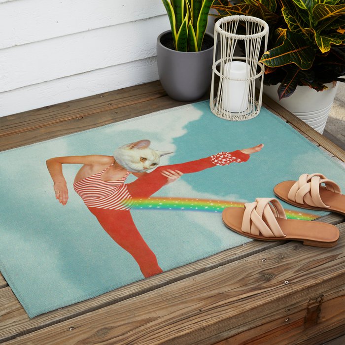 Kitty Cat's Rainbow Workout - Retro Cat Outdoor Rug Gallery Image 2