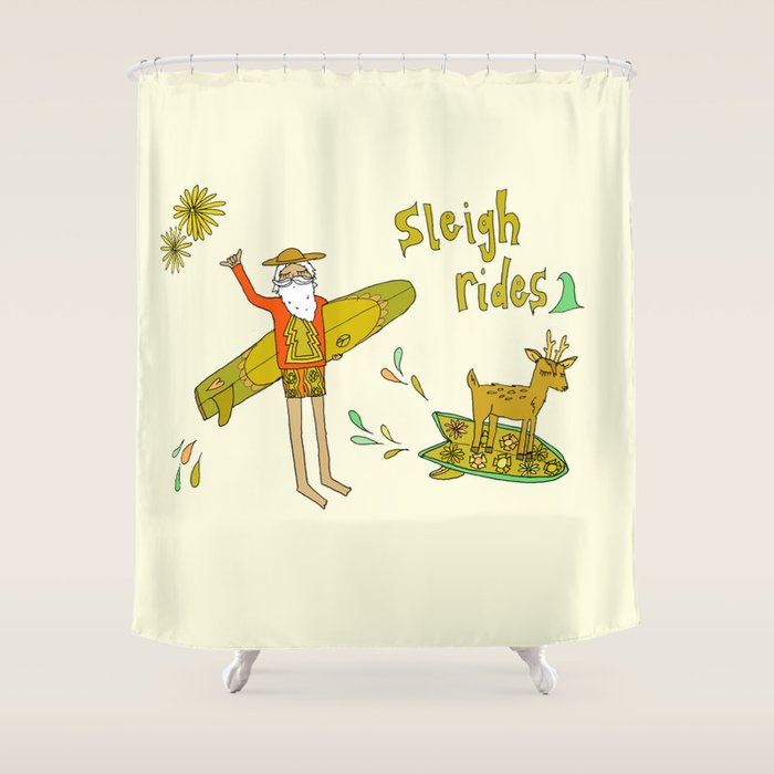 sleigh rides // surfing santa // retro surf art by surfy birdy Shower Curtain Gallery Image 1