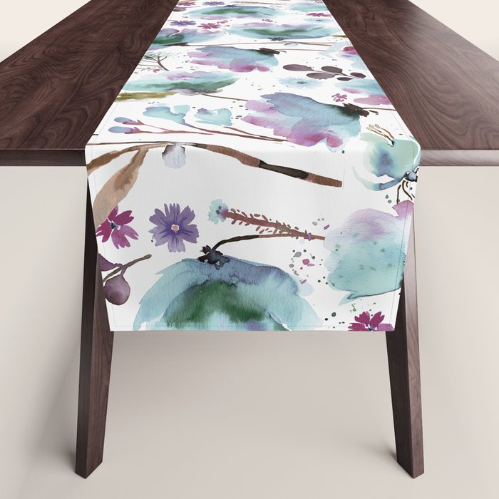 Poppies Loose Floral Watercolor - Meadow Wildflowers - Aqua Plum  Table Runner Gallery Image 1