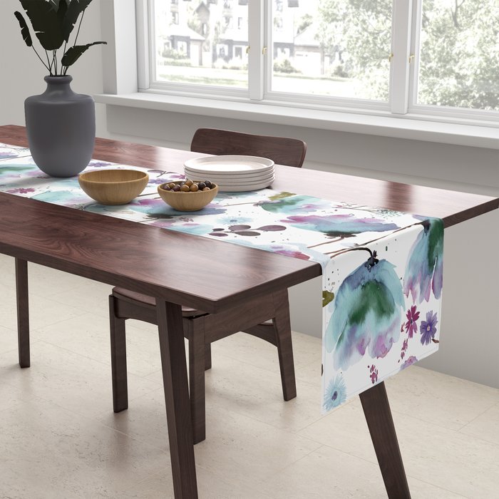 Poppies Loose Floral Watercolor - Meadow Wildflowers - Aqua Plum  Table Runner Gallery Image 2