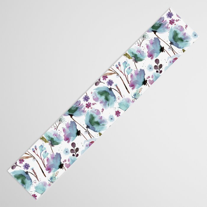 Poppies Loose Floral Watercolor - Meadow Wildflowers - Aqua Plum  Table Runner Gallery Image 3