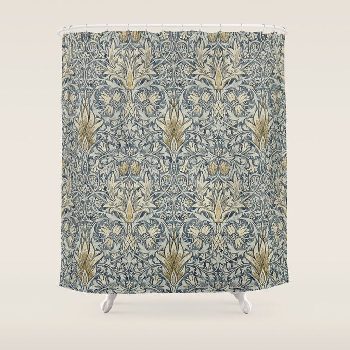 William Morris Vintage Snakeshead Blue Indigo Cumin Pattern Shower Curtain Gallery Image 1