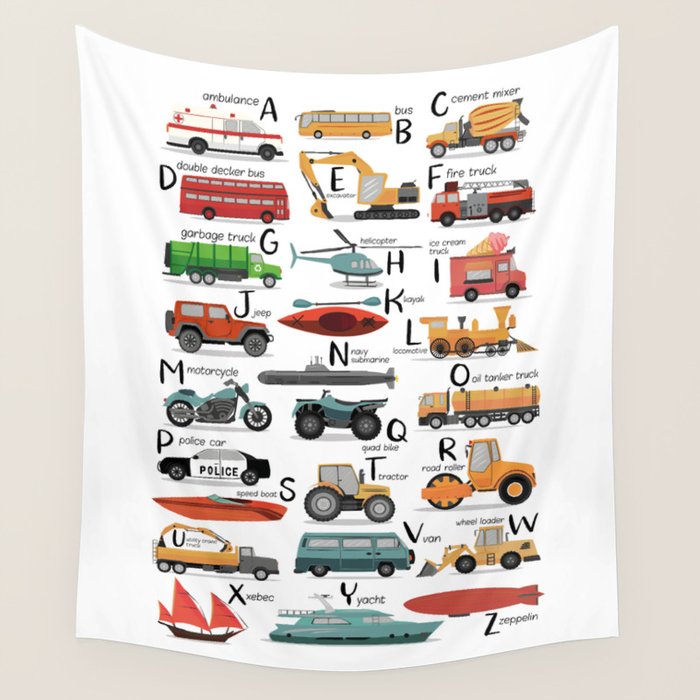 Colourful transportation alphabet Wall Tapestry Gallery Image 4
