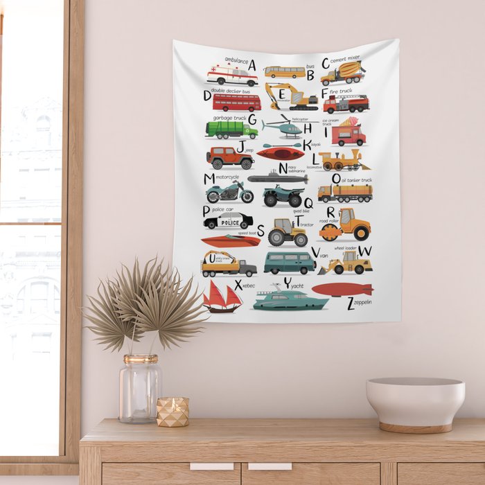 Colourful transportation alphabet Wall Tapestry Gallery Image 2