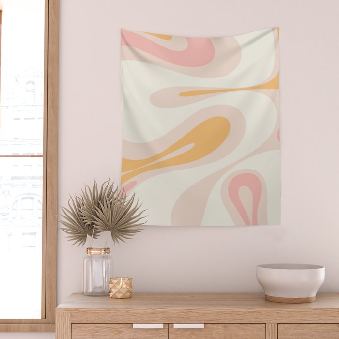 Mellow Flow Retro 60s 70s Abstract Pattern Pale Pink and Mustard Wall Tapestry Gallery Image 2