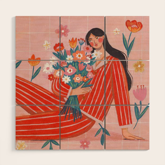 Modern Woman with Flowers Wood Wall Art Gallery Image 1