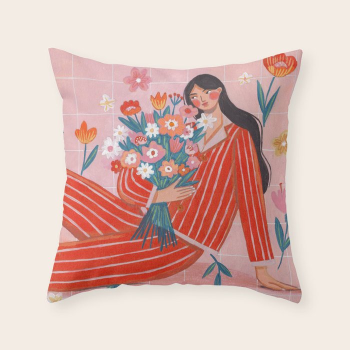 Modern Woman with Flowers Throw Pillow Gallery Image 6
