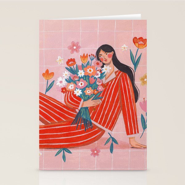 Modern Woman with Flowers Stationery Card Gallery Image 1
