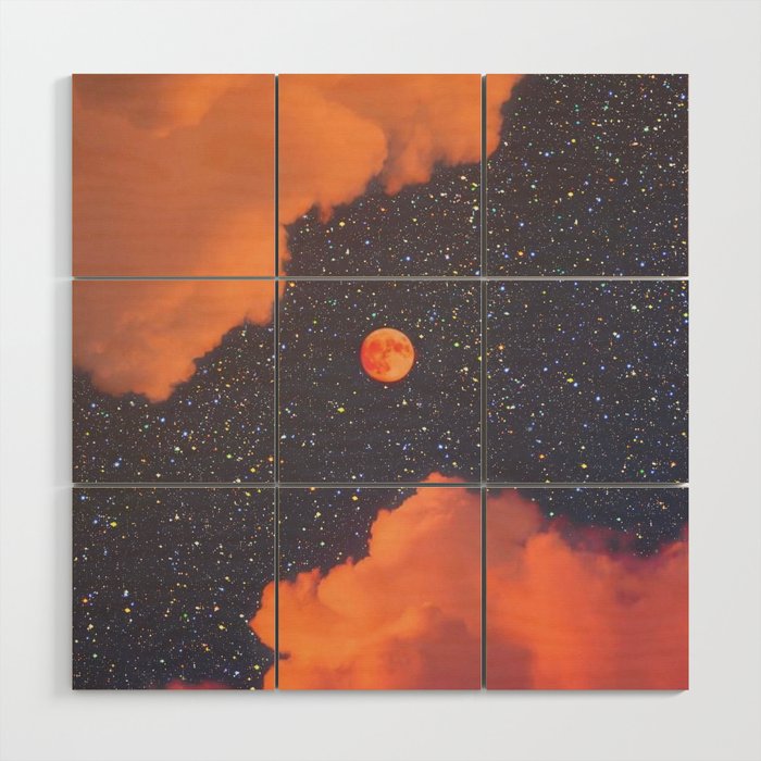 GLITTER SKY | sparkle | warm | moon | orange | blue | nature | collage | minimalism | stars | bling  Wood Wall Art Gallery Image 1