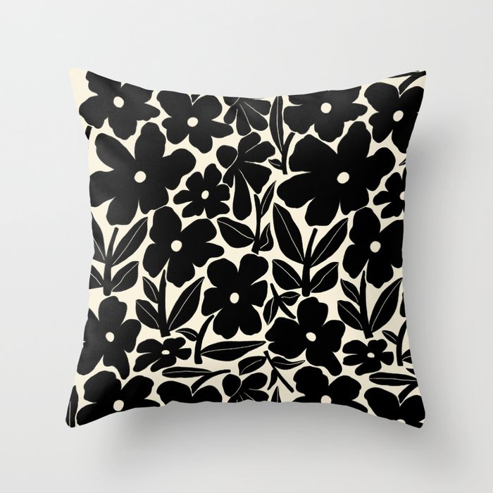 Black and White Retro Groovy Flowers  Throw Pillow Gallery Image 1