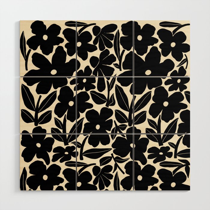 Black and White Retro Groovy Flowers  Wood Wall Art Gallery Image 1