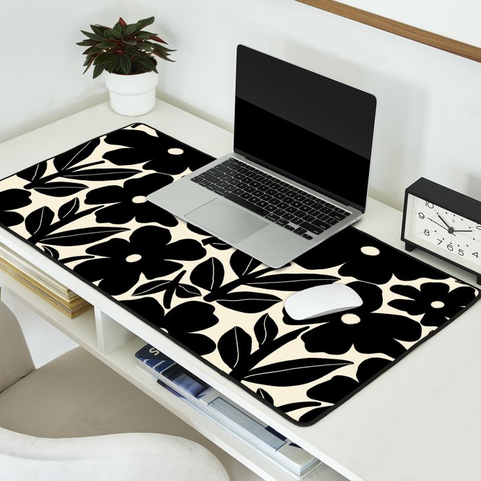 Black and White Retro Groovy Flowers  Desk Mat Gallery Image 2