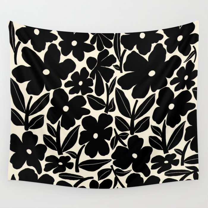 Black and White Retro Groovy Flowers  Wall Tapestry Gallery Image 1
