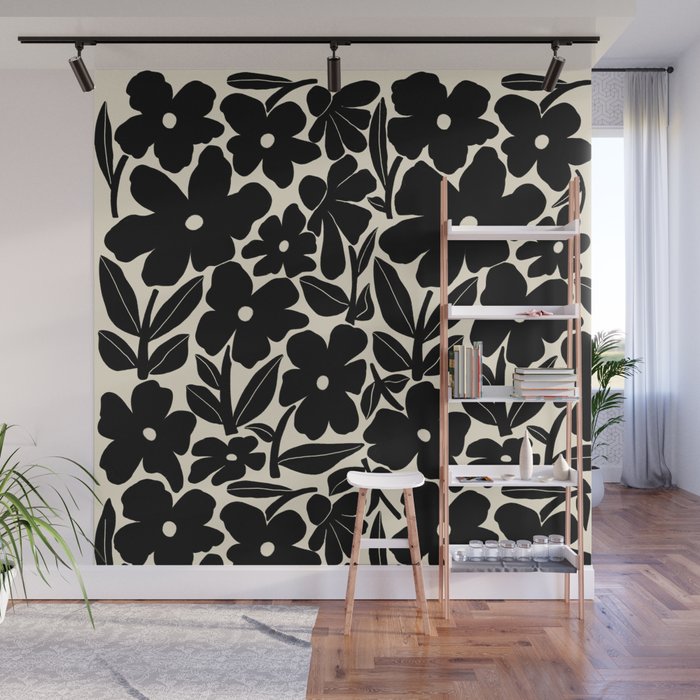 Black and White Retro Groovy Flowers  Wall Mural Gallery Image 1