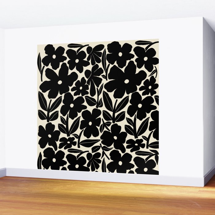 Black and White Retro Groovy Flowers  Wall Mural Gallery Image 2