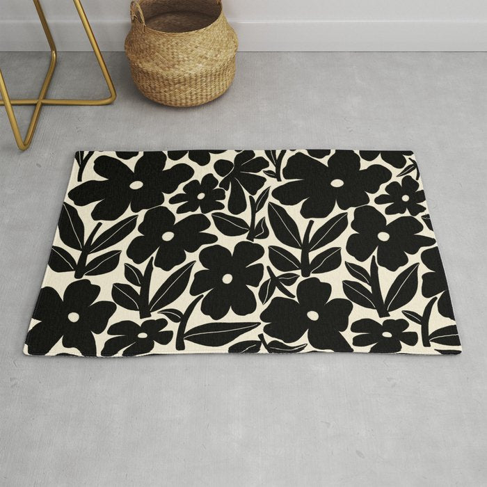 Black and White Retro Groovy Flowers  Rug Gallery Image 1