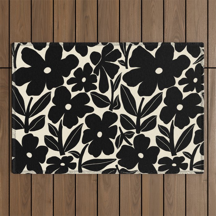 Black and White Retro Groovy Flowers  Outdoor Rug Gallery Image 1