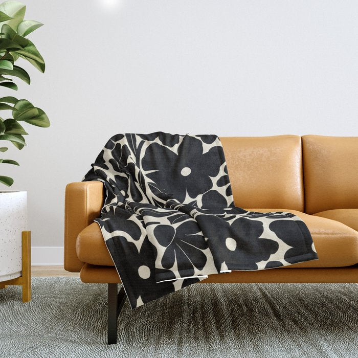 Black and White Retro Groovy Flowers  Throw Blanket Gallery Image 1