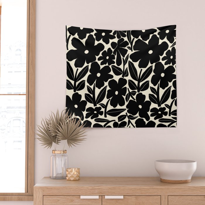 Black and White Retro Groovy Flowers  Wall Tapestry Gallery Image 2