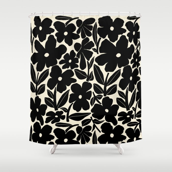 Black and White Retro Groovy Flowers  Shower Curtain Gallery Image 1