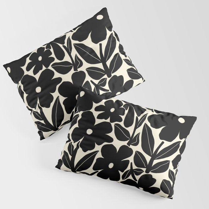 Black and White Retro Groovy Flowers  Pillow Sham Gallery Image 1
