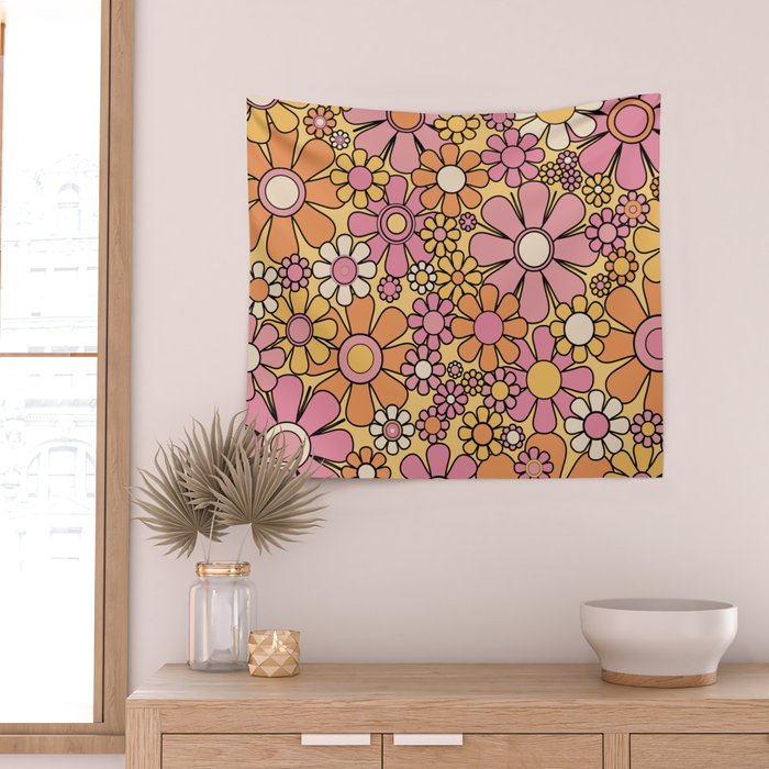 Retro Garden Flowers Groovy 60s 70s Floral Pattern Pink Orange Yellow Black Wall Tapestry Gallery Image 2
