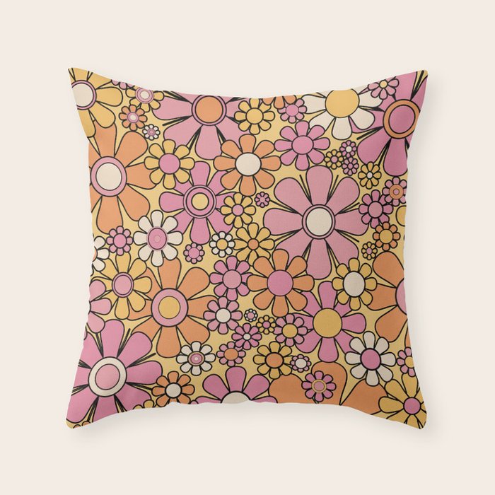 Retro Garden Flowers Groovy 60s 70s Floral Pattern Pink Orange Yellow Black Throw Pillow Gallery Image 1