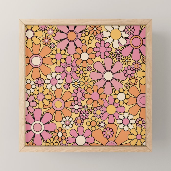 Retro Garden Flowers Groovy 60s 70s Floral Pattern Pink Orange Yellow Black Mini Art Print Gallery Image 1