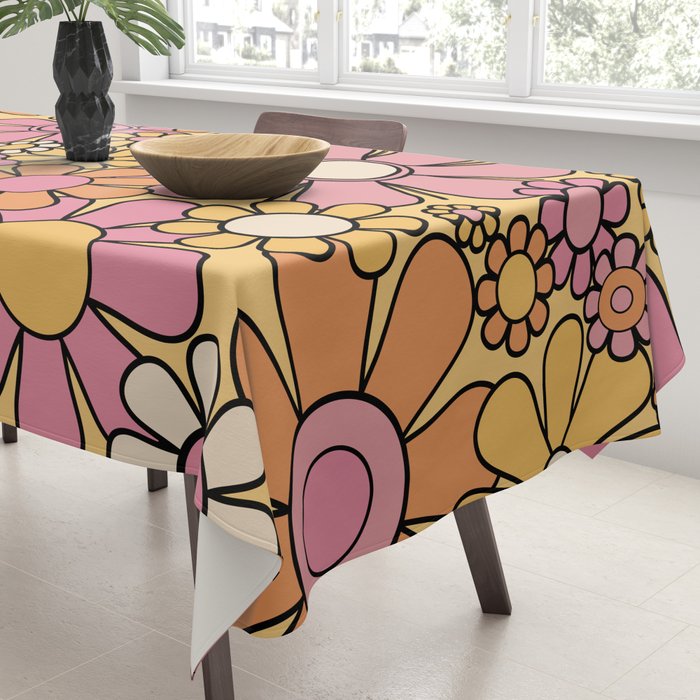 Retro Garden Flowers Groovy 60s 70s Floral Pattern Pink Orange Yellow Black Tablecloth Gallery Image 3